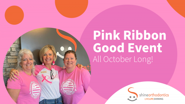 Three women standing together with breast cancer awareness shirts on with text "Pink Ribbon Good Event All October Long!"